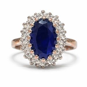 Vintage Sapphire Blue Crystal Halo Statement Ring Size 6 Fashion Cocktail Ring